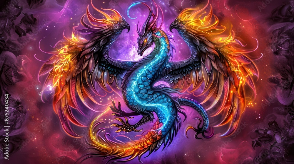 Vibrant digital art depicting a colorful and fantastical dragon with vivid feathers and a glowing majestic presence against a cosmic background. Vibrant digital art depicting a colorful and fantastical dragon with vivid feathers and a glowing majestic presence against a cosmic background.