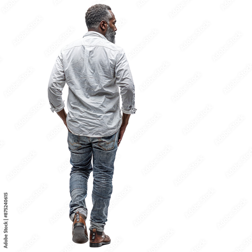 Mature man casual dressed walking isolated on white transparent, rear view Mature man casual dressed walking isolated on white transparent, rear view