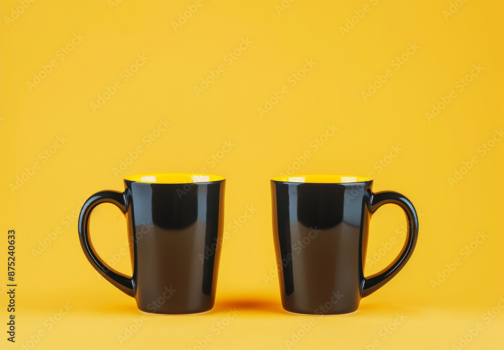 Mockup of two black mugs with yellow interior on a solid colored background. Mockup of two black mugs with yellow interior on a solid colored background.