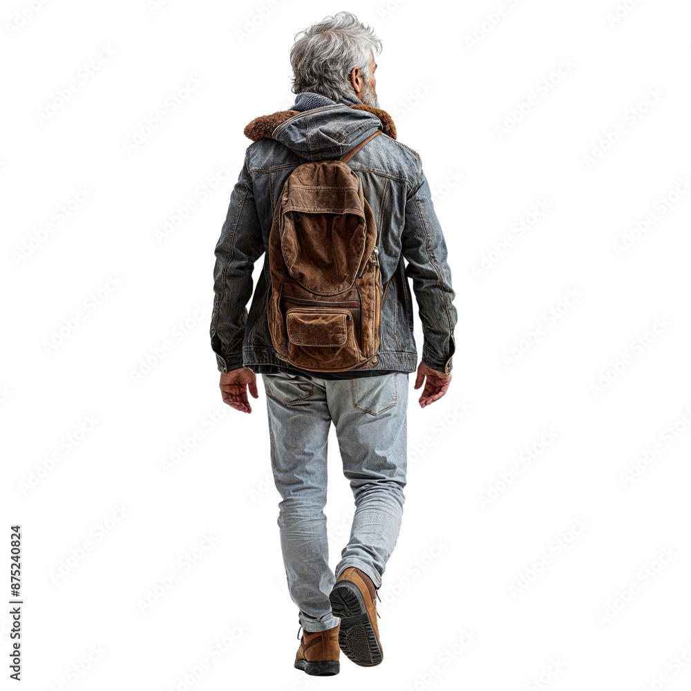 Mature man casual dressed walking isolated on white transparent, rear view Mature man casual dressed walking isolated on white transparent, rear view