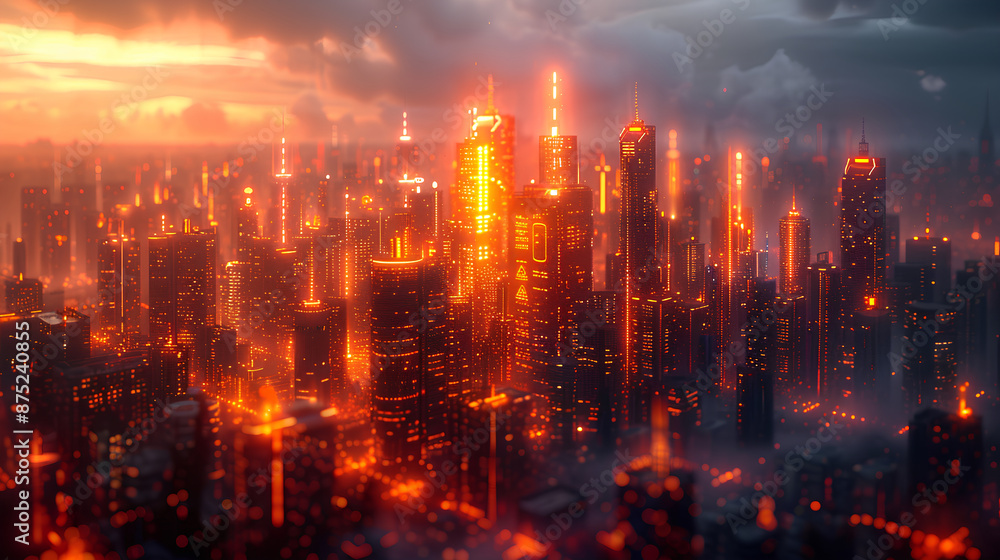 3D render of an orange glowing cityscape, 3D render of an orange glowing cityscape,