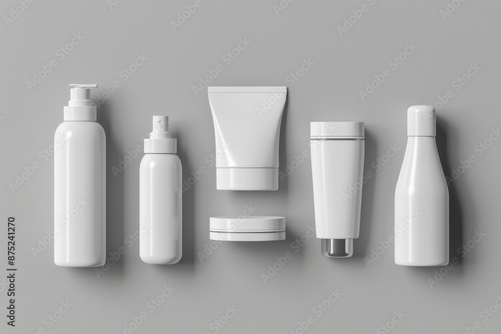 3D rendering of various white beauty product bottles and jars isolated on grey background.