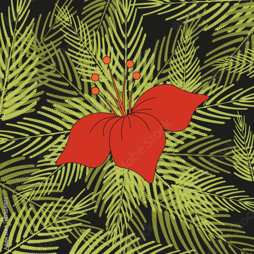 Ivan Kupala nature background. Summer Solstice theme.  Flowering fern  concept. Simple flat summer wallpaper. Vector illustration can used postcard, notebook cover print.