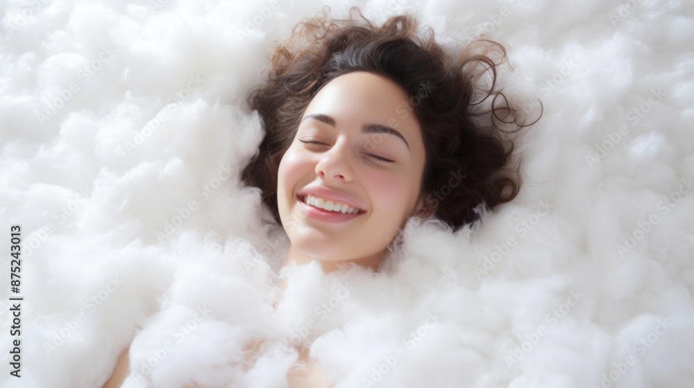 Beautiful smiling woman lying on a fluffy white surface with a bright smile. Beautiful smiling woman lying on a fluffy white surface with a bright smile.