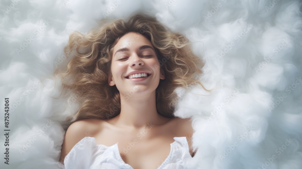 Beautiful smiling woman lying on a fluffy white surface with a bright smile. Beautiful smiling woman lying on a fluffy white surface with a bright smile.