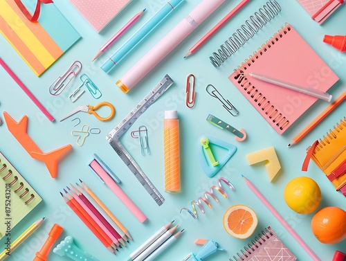 School supplies flat lay, light background, playful design style, small geometric shapes, creative learning theme.