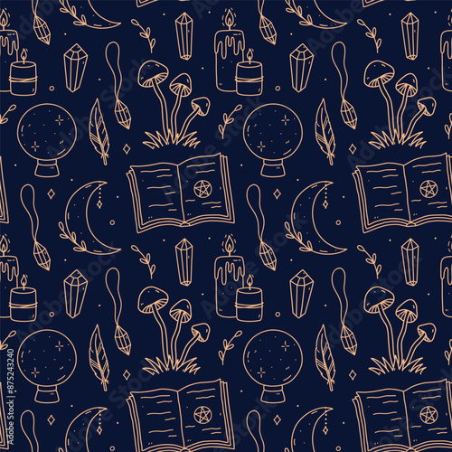 Seamless pattern with gold magic doodles on blue background - pendant, gemstones, spellbook, candles. Vector hand-drawn illustration. Perfect for print, wallpaper, decorations.