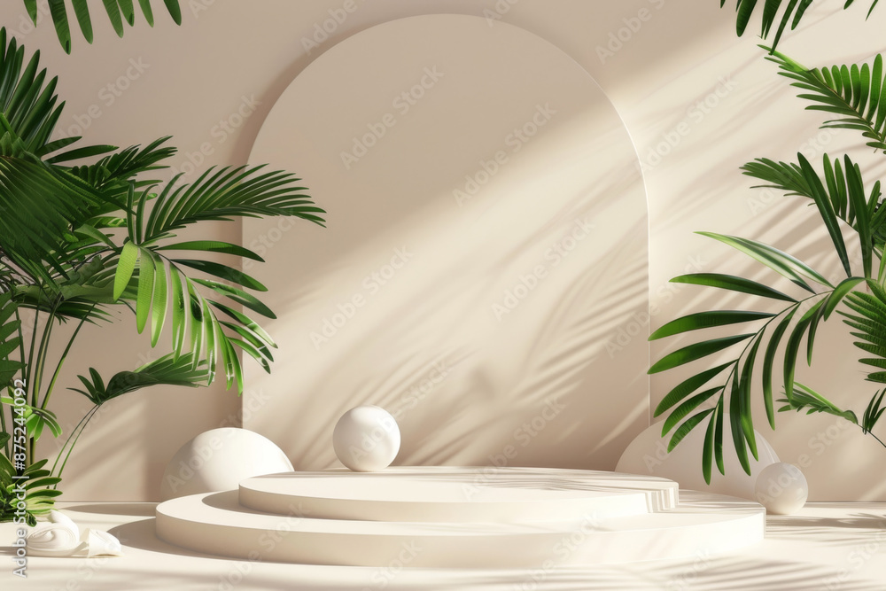 3D render podium with tropical leaves