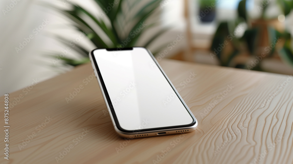 iPhone mockup with a white screen flying on a rustic wooden table iPhone mockup with a white screen flying on a rustic wooden table
