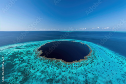 A large, dark blue sinkhole in the middle of a bright blue ocean. photo