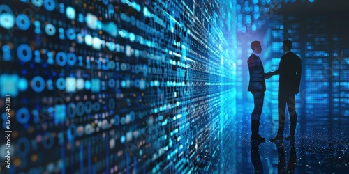 Businessmen shake hands with digital alliance machines on commercial cyber technology background. network security