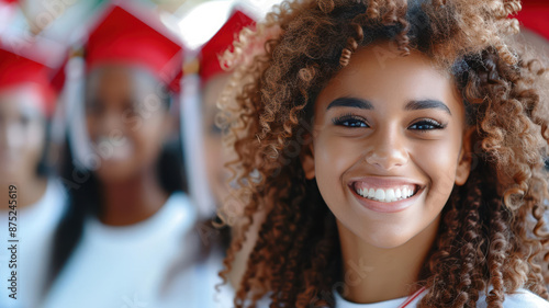 Graduates with big smiles and university merchandise at a freshman welcome party, celebrating their transition to higher education