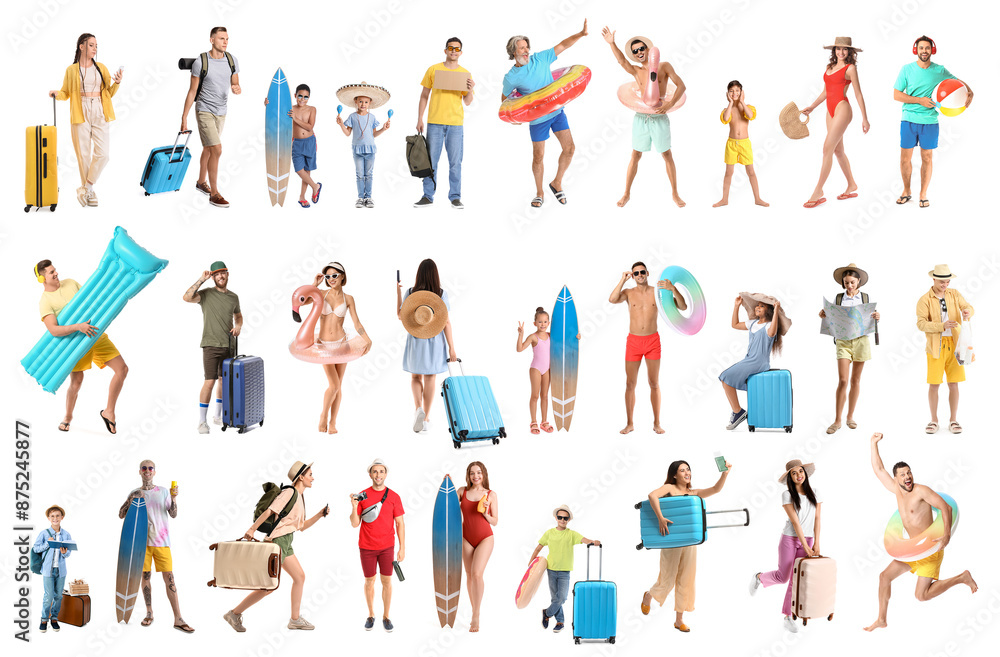 Fototapeta premium Big collage of different travellers on white background