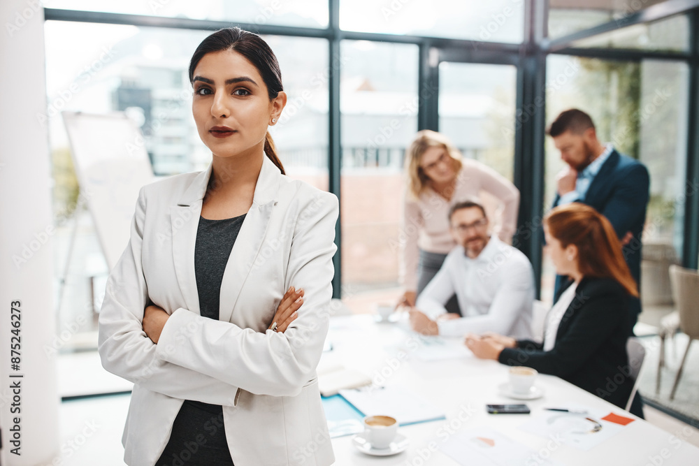 Crossed arms, pride and portrait of business woman in office with confidence for career growth. Serious, corporate and finance banker with team for company investment with discussion in boardroom. Crossed arms, pride and portrait of business woman in office with confidence for career growth. Serious, corporate and finance banker with team for company investment with discussion in boardroom.