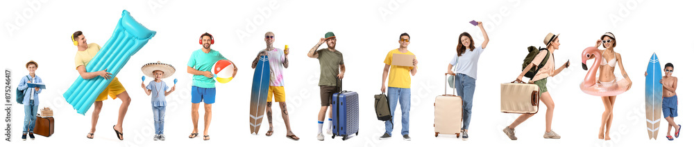 Group of different travellers on white background Group of different travellers on white background
