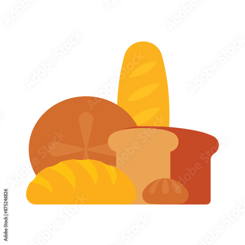 Bread and wheat product - fresh wheat bread, baguette, bun, loaf, rye round bread. Bread icon, stylized flat vector. Minimalist illustration, isolated on white