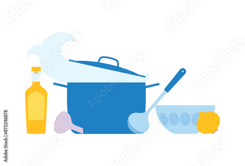 Cooking - saucepan with a hot meal, oil, vegetable and kitchenware. Homemade food, ware on a kitchen. Culinary workshop concept. Flat vector illustration, minimalist style
