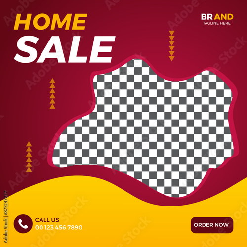 Modern Home Sale social media post template with abstract red and yellow gradient background, call to action buttons, and a checkered placeholder for product images