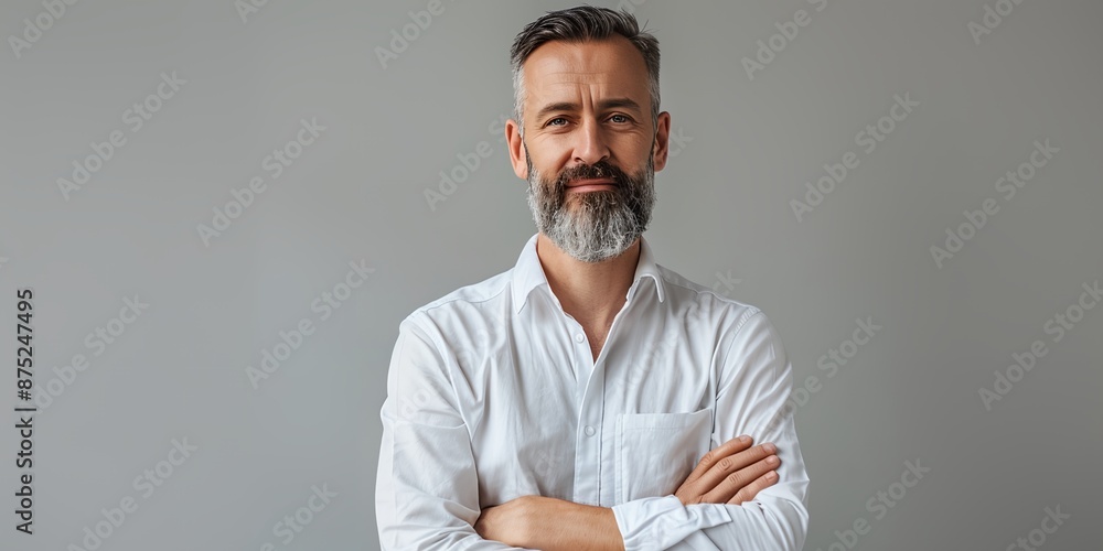 A man with a white shirt and gray hair is standing with his arms crossed. He has a serious expression on his face A man with a white shirt and gray hair is standing with his arms crossed. He has a serious expression on his face