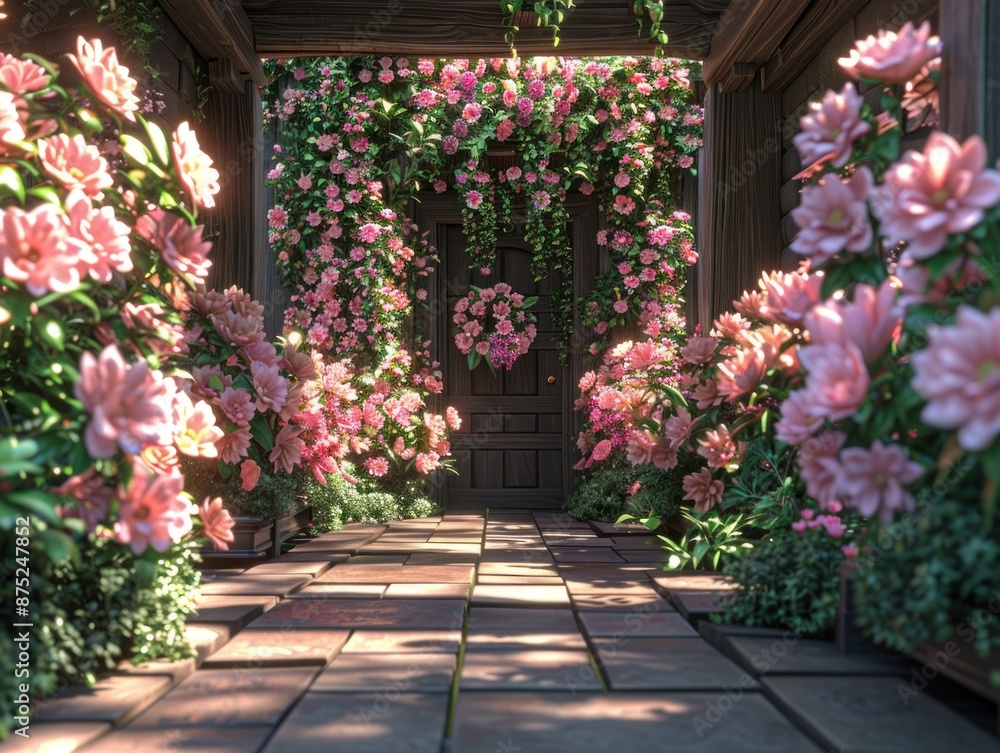 A brick pathway leads to a wooden door surrounded by lush pink flowers A brick pathway leads to a wooden door surrounded by lush pink flowers