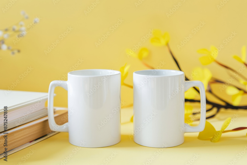 Mockup of white coffee mugs and books on a yellow background Mockup of white coffee mugs and books on a yellow background