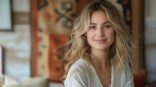 A woman wearing a white blouse poses for the camera. Summer vibes. Beautiful blonde woman.