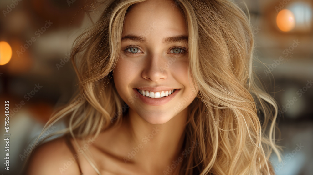 The model is smiling with her eyes open. Her hair has light brown tinted blonde color. Surfer girl in the summertime. Summer vibes The model is smiling with her eyes open. Her hair has light brown tinted blonde color. Surfer girl in the summertime. Summer vibes