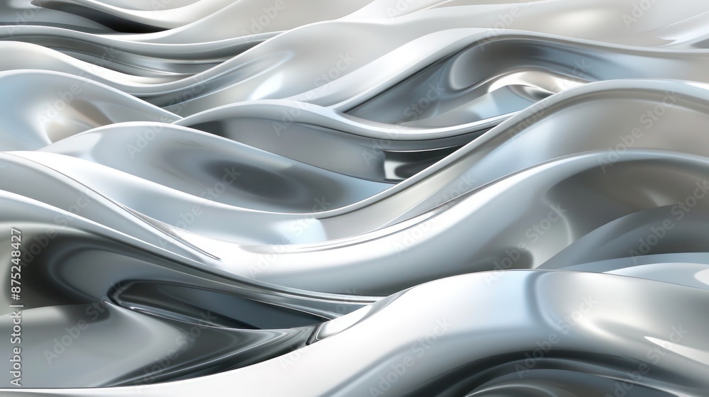 A futuristic abstract background with metallic floating waves in silver and gray, reflecting a high-tech A futuristic abstract background with metallic floating waves in silver and gray, reflecting a high-tech