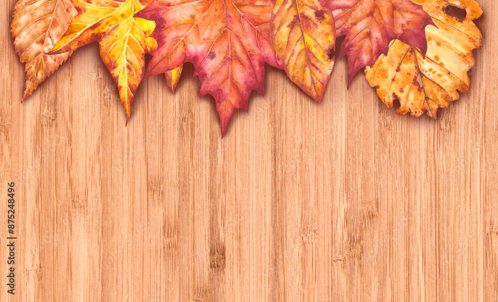 Background tree and autumn leaves painted in watercolor on top of it. Wooden background with leaves. Colorful illustration of autumn leaves for birthday, wedding, thanksgiving, holidays. Background tree and autumn leaves painted in watercolor on top of it. Wooden background with leaves. Colorful illustration of autumn leaves for birthday, wedding, thanksgiving, holidays.