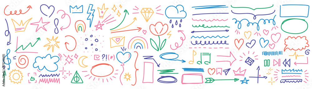 Scribble doodle underline emphasis line shape set. Hand drawn brush stroke elements. Colorful pencil arrows, business scribbles and circle boxes set. Line shape marker underline, arrows, frames, star Scribble doodle underline emphasis line shape set. Hand drawn brush stroke elements. Colorful pencil arrows, business scribbles and circle boxes set. Line shape marker underline, arrows, frames, star