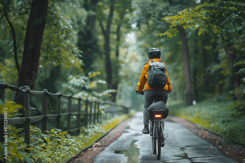 Work life balance conceop, Biking to Work, A person riding along a bike path lined with trees or by a river