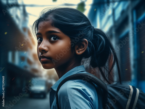 Portrait of indian girl, with a backpack, standing near the school  © de.fusum