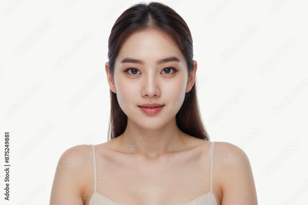 Young Asian woman with a long, straight, dark brown hair and a white background. She is smiling and looking at the camera isolated on white background Young Asian woman with a long, straight, dark brown hair and a white background. She is smiling and looking at the camera isolated on white background