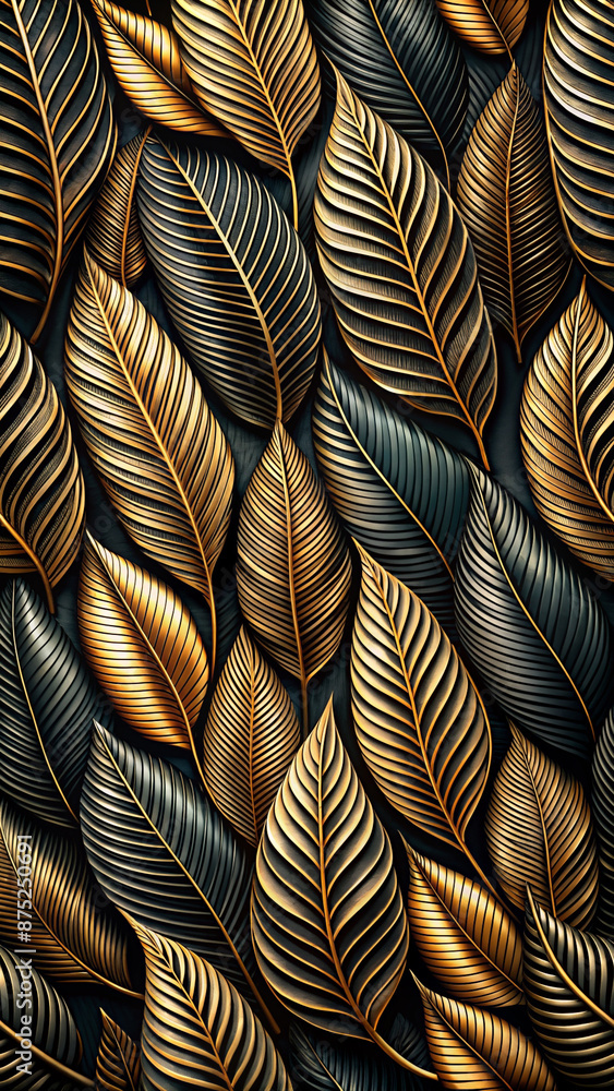 Intricately arranged gold and black leaves create a mesmerizing pattern with fine details and elegant lines Intricately arranged gold and black leaves create a mesmerizing pattern with fine details and elegant lines