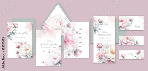 Watercolor wedding invitation template set with romantic floral flowers.