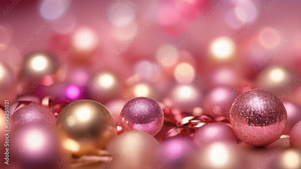 A festive background featuring a cluster of pink and gold Christmas ornaments, blurred background with soft, pink lights A festive background featuring a cluster of pink and gold Christmas ornaments, blurred background with soft, pink lights
