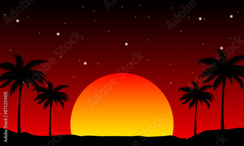 Silhouette of a coconut tree in the evening sunset