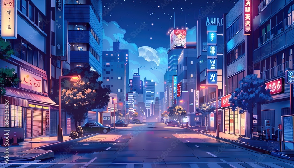 Fototapeta premium evening view of city streets, cartoon anime style