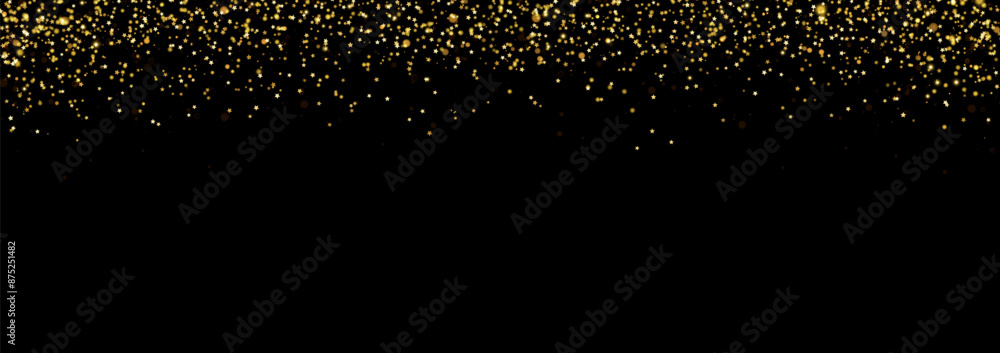 Festive background with stars, gold glitter and confetti for Christmas celebration. Black vector background with glowing golden particles. Festive background with stars, gold glitter and confetti for Christmas celebration. Black vector background with glowing golden particles.