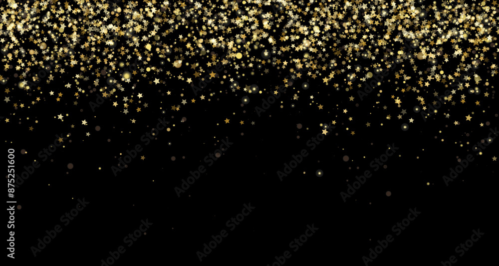 Festive background with stars, gold glitter and confetti for Christmas celebration. Black vector background with glowing golden particles. Festive background with stars, gold glitter and confetti for Christmas celebration. Black vector background with glowing golden particles.
