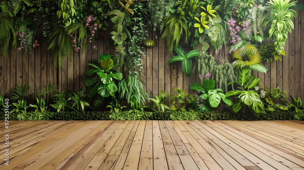 a polished wooden floor and a wall adorned with cascading tropical vines background a polished wooden floor and a wall adorned with cascading tropical vines background