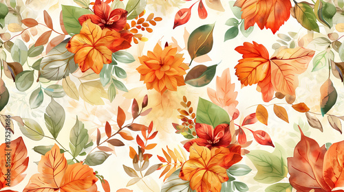Autumn Season Illustration. Leaves Orange and Green. Nature Pattern. Wallpaper Background Watercolor