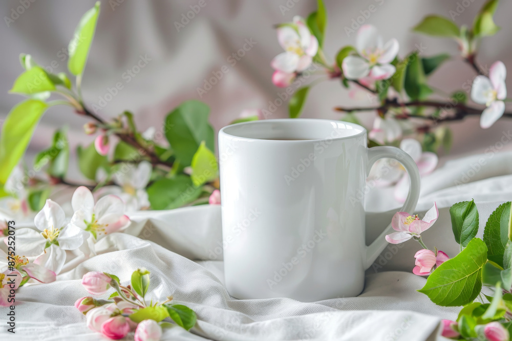 Mockup of White coffee mug with spring flowers in the background. Mockup of White coffee mug with spring flowers in the background.