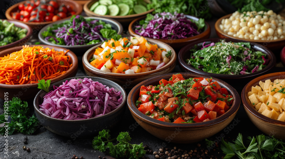 A wooden table with bowls of different kinds of food and salad. Collection of side dishes. Catering. Fresh food. A wooden table with bowls of different kinds of food and salad. Collection of side dishes. Catering. Fresh food.