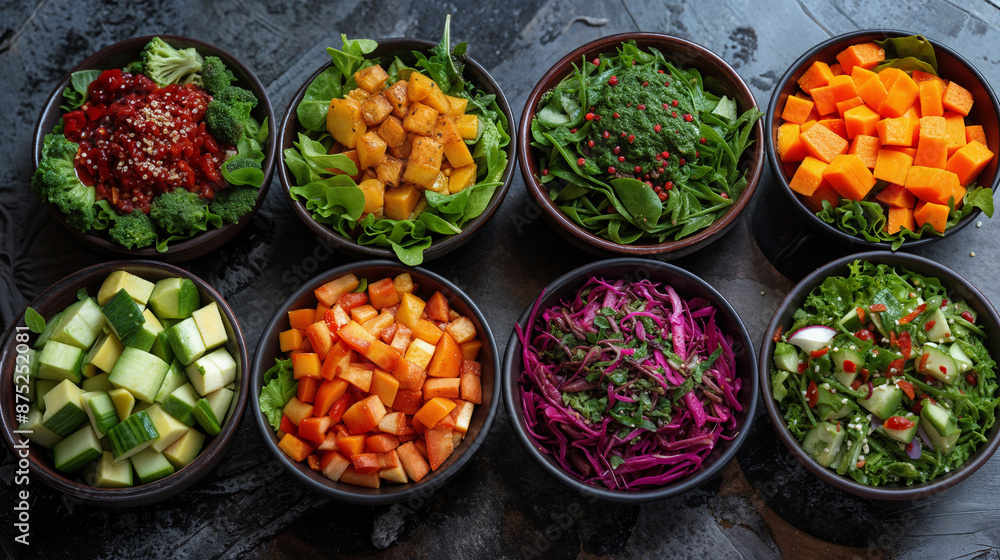A wooden table with bowls of different kinds of food and salad. Collection of side dishes. Catering. A wooden table with bowls of different kinds of food and salad. Collection of side dishes. Catering.