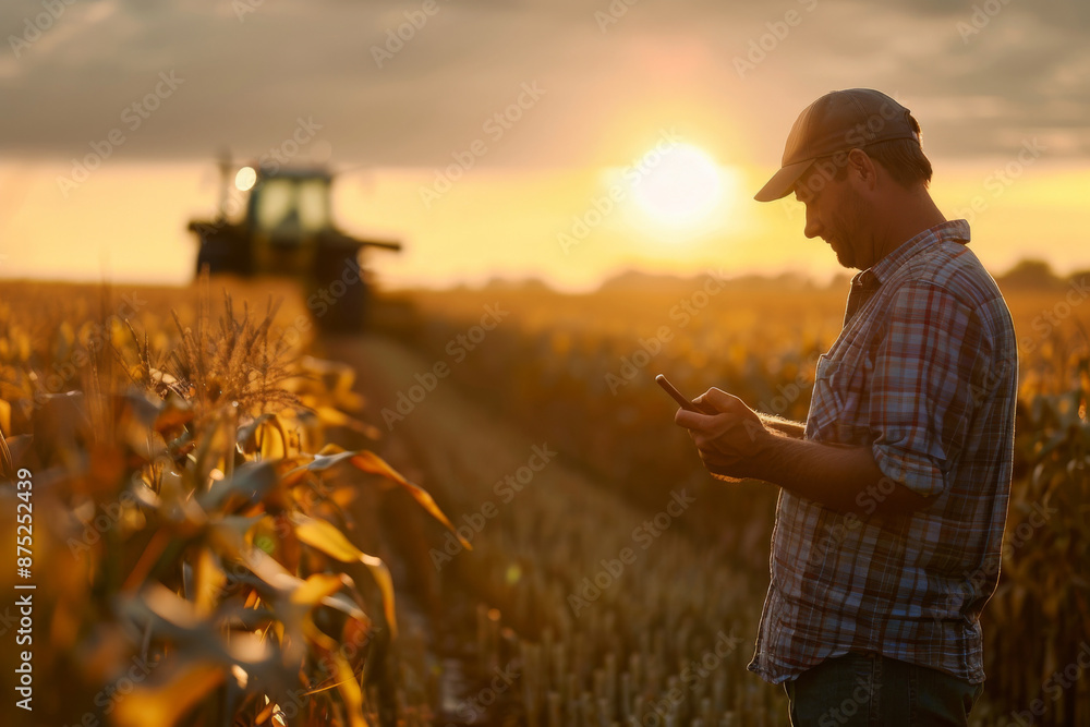 Female farmer using tablet while standing in a wheat field with a harvester working behind her at sunset. Female farmer using tablet while standing in a wheat field with a harvester working behind her at sunset.