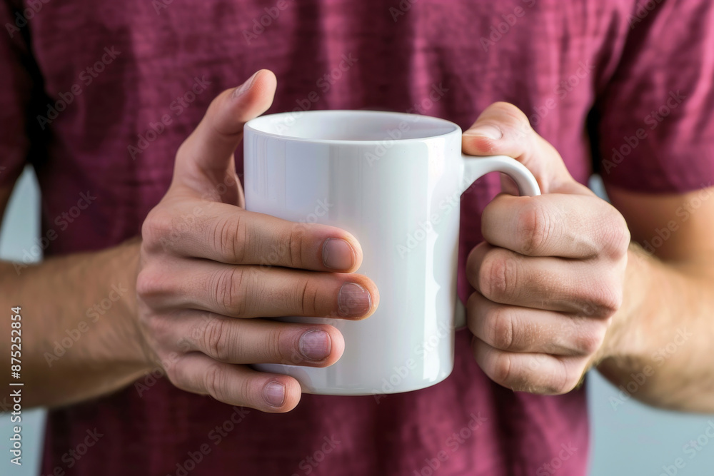 Man holding coffee Mug mockup on clean background. Man holding coffee Mug mockup on clean background.
