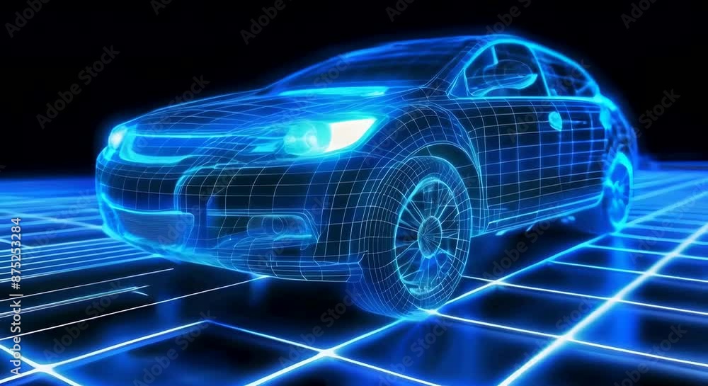 A blue holographic digital car with glowing grid lines in the background showcasing futuristic technology and innovation A blue holographic digital car with glowing grid lines in the background showcasing futuristic technology and innovation