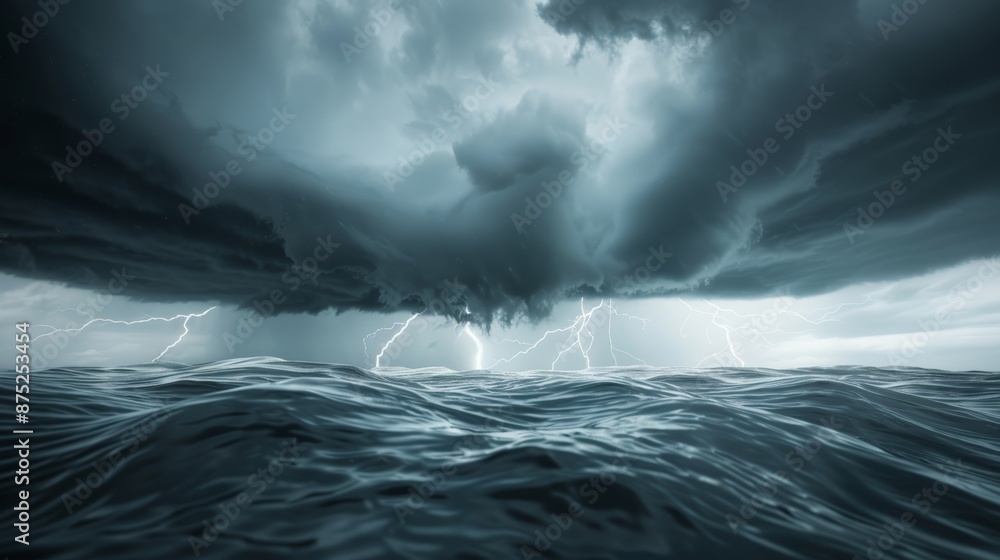 Fototapeta premium Dramatic storm over the sea with dark, swirling clouds, lightning illuminating the waves, intense cinematic atmosphere, focus cover all object, deep dept of field