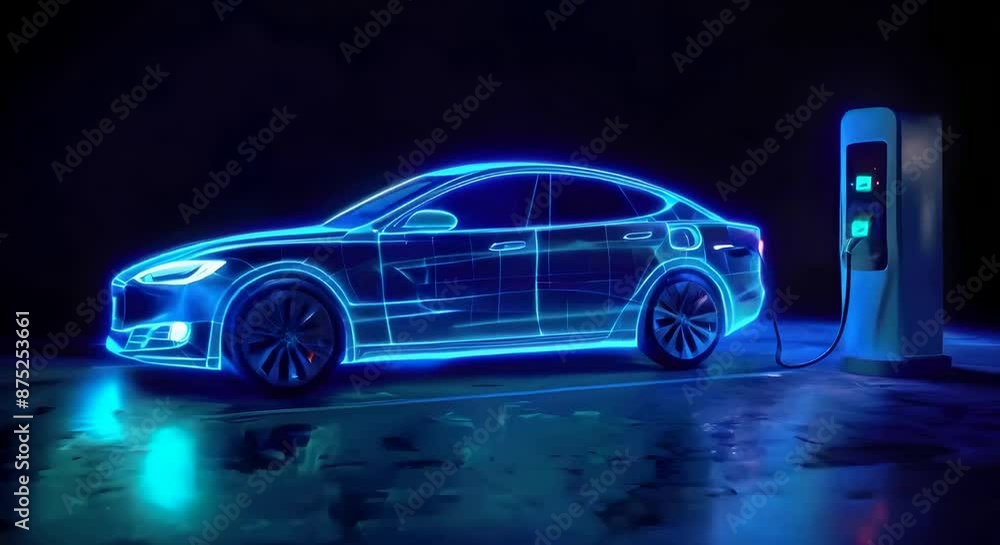 A glowing blue digital electric car charging at station on dark background highlighting sustainable transportation and innovative technology A glowing blue digital electric car charging at station on dark background highlighting sustainable transportation and innovative technology
